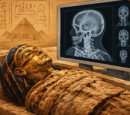 Múmia junto a uma tela com imagens do interior de um corpo